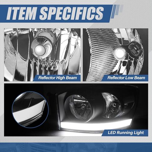 مجموعة المصابيح الأمامية LED DRL من Auto Dynasty متوافقة مع Dodge Ram 1500 2500 3500 2006 2007 2008 2009، جانب السائق والراكب، عدسة شفافة بغطاء أسود in Saudi Arabia