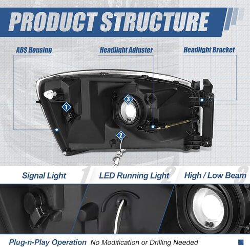 مجموعة المصابيح الأمامية LED DRL من Auto Dynasty متوافقة مع Dodge Ram 1500 2500 3500 2006 2007 2008 2009، جانب السائق والراكب، عدسة شفافة بغطاء أسود in Saudi Arabia