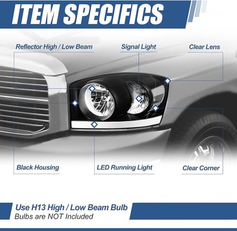 مجموعة المصابيح الأمامية LED DRL من Auto Dynasty متوافقة مع Dodge Ram 1500 2500 3500 2006 2007 2008 2009، جانب السائق والراكب، عدسة شفافة بغطاء أسود in Saudi Arabia