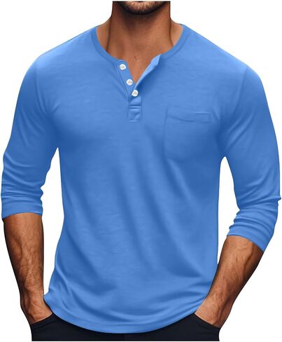 Henley Shirts for Men Long Sleeve Lightweight Casual Basic Tee Crewneck Soft T-Shirt Big and Tall with Pocket in Saudi Arabia