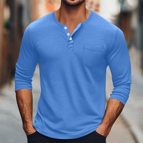 Henley Shirts for Men Long Sleeve Lightweight Casual Basic Tee Crewneck Soft T-Shirt Big and Tall with Pocket in Saudi Arabia