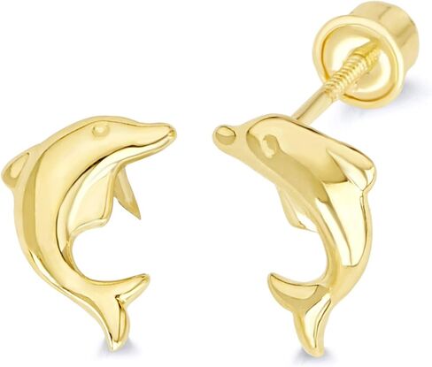 Wellingsale 14K الذهب الأصفر المصقول دولفين أقراط مع المسمار الخلفي in Kuwait