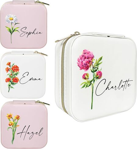 Personalized Birth Flower Jewelry Box with Custom Name – Small Travel Case for Rings Earrings Necklace – Birthday Gift for Her Women Bridesmaid Daughter Sister Friend – Custom Floral Organizer in Saudi Arabia