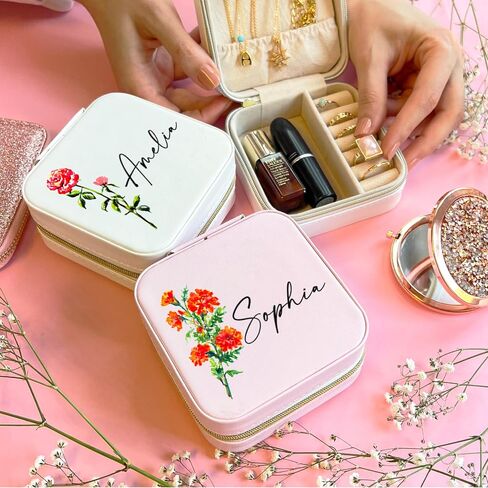 Personalized Birth Flower Jewelry Box with Custom Name – Small Travel Case for Rings Earrings Necklace – Birthday Gift for Her Women Bridesmaid Daughter Sister Friend – Custom Floral Organizer in Saudi Arabia