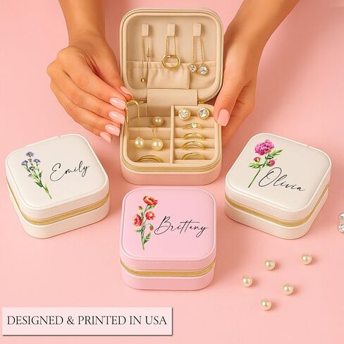 Personalized Birth Flower Jewelry Box with Custom Name – Small Travel Case for Rings Earrings Necklace – Birthday Gift for Her Women Bridesmaid Daughter Sister Friend – Custom Floral Organizer in Saudi Arabia