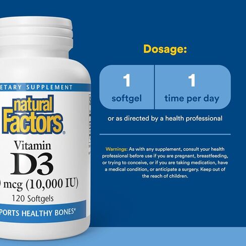 Natural Factors، فيتامين د3 10000 وحدة دولية (250 ميكروجرام)، يدعم العظام القوية والعضلات ووظيفة المناعة، 120 كبسولة هلامية in Saudi Arabia
