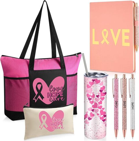 Sieral 7 Pcs Breast Cancer Awareness Gifts for Women Chemo Tote Bags Tumbler for Women Breast Cancer Awareness Accessories in Kuwait