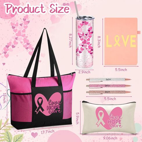 Sieral 7 Pcs Breast Cancer Awareness Gifts for Women Chemo Tote Bags Tumbler for Women Breast Cancer Awareness Accessories in Kuwait