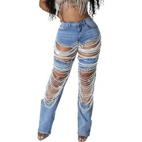 Women's Sexy High Waist Ripped Jeans with Rhinestone Pearl Chains Stretch Distressed Denim Pants in Saudi Arabia