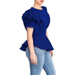 قمصان بلانسدي النسائية العلوية الأنيقة بيبلوم ورقبة دائرية مكشكشة وأكمام قصيرة أنيقة وبلوزة بيبلوم in Kuwait