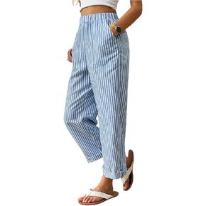 Women's Straight Leg Striped Pants Elastic Waist Vacation Cropped Trousers with Pockets in Kuwait