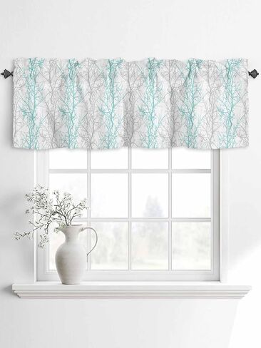 Aqua Grey Botanical Curtain Valances for Windows, Vertical Branch Kitchen Valance Window Treatments Panel 2 Pack, Aesthetics Art Rod Pocket Short Curtains for Bathroom Bedroom 54 x 18 Inch in Saudi Arabia