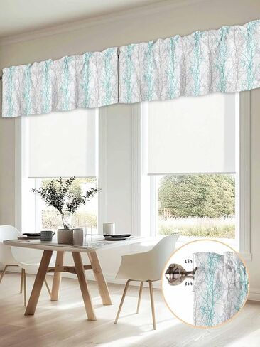 Aqua Grey Botanical Curtain Valances for Windows, Vertical Branch Kitchen Valance Window Treatments Panel 2 Pack, Aesthetics Art Rod Pocket Short Curtains for Bathroom Bedroom 54 x 18 Inch in Saudi Arabia