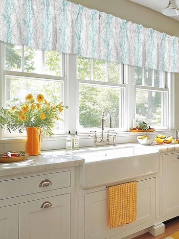 Aqua Grey Botanical Curtain Valances for Windows, Vertical Branch Kitchen Valance Window Treatments Panel 2 Pack, Aesthetics Art Rod Pocket Short Curtains for Bathroom Bedroom 54 x 18 Inch in Saudi Arabia
