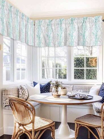Aqua Grey Botanical Curtain Valances for Windows, Vertical Branch Kitchen Valance Window Treatments Panel 2 Pack, Aesthetics Art Rod Pocket Short Curtains for Bathroom Bedroom 54 x 18 Inch in Saudi Arabia