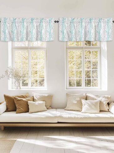 Aqua Grey Botanical Curtain Valances for Windows, Vertical Branch Kitchen Valance Window Treatments Panel 2 Pack, Aesthetics Art Rod Pocket Short Curtains for Bathroom Bedroom 54 x 18 Inch in Saudi Arabia