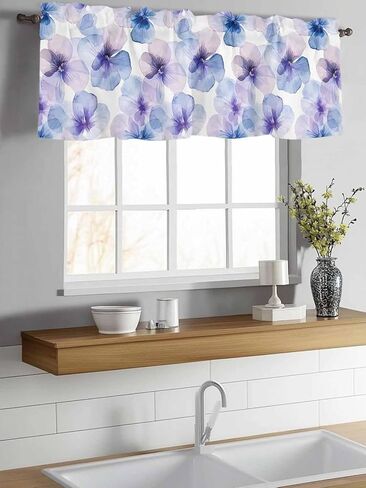 Window Treatment Valance Curtain, Blue Purple Flowers Pansy Shade Short Curtain for Kitchen Bathroom Living Room Bedroom Privacy Rod Pocket Drapes 54" W x 18" L 1 Panel in Saudi Arabia