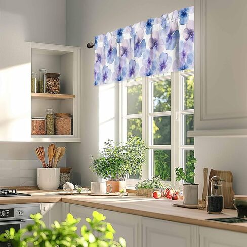 Window Treatment Valance Curtain, Blue Purple Flowers Pansy Shade Short Curtain for Kitchen Bathroom Living Room Bedroom Privacy Rod Pocket Drapes 54" W x 18" L 1 Panel in Saudi Arabia