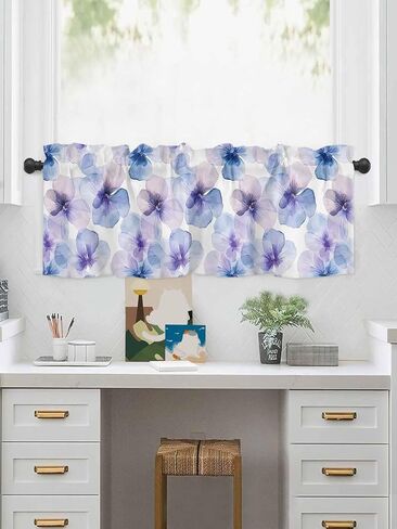 Window Treatment Valance Curtain, Blue Purple Flowers Pansy Shade Short Curtain for Kitchen Bathroom Living Room Bedroom Privacy Rod Pocket Drapes 54" W x 18" L 1 Panel in Saudi Arabia