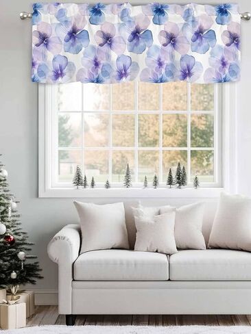 Window Treatment Valance Curtain, Blue Purple Flowers Pansy Shade Short Curtain for Kitchen Bathroom Living Room Bedroom Privacy Rod Pocket Drapes 54" W x 18" L 1 Panel in Saudi Arabia