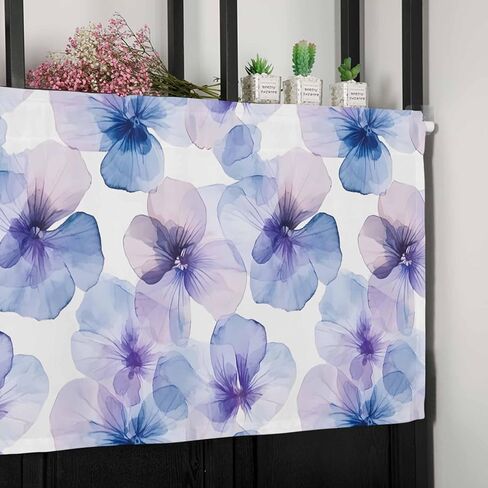 Window Treatment Valance Curtain, Blue Purple Flowers Pansy Shade Short Curtain for Kitchen Bathroom Living Room Bedroom Privacy Rod Pocket Drapes 54" W x 18" L 1 Panel in Saudi Arabia