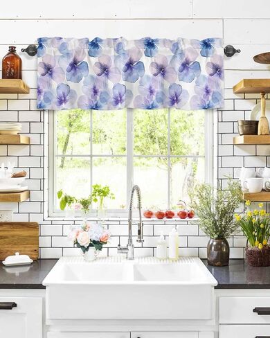 Window Treatment Valance Curtain, Blue Purple Flowers Pansy Shade Short Curtain for Kitchen Bathroom Living Room Bedroom Privacy Rod Pocket Drapes 54" W x 18" L 1 Panel in Saudi Arabia