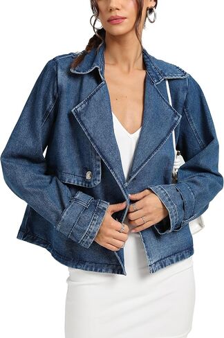 D-Sun Women Cropped Denim Jacket Short Jean Trench Coat V Neck Collared Long Sleeve Button Denim Trench Jacket with Pocket in Saudi Arabia