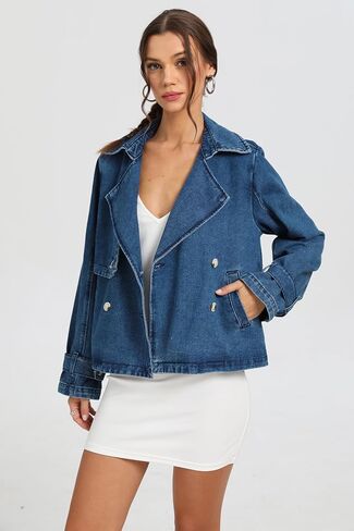 D-Sun Women Cropped Denim Jacket Short Jean Trench Coat V Neck Collared Long Sleeve Button Denim Trench Jacket with Pocket in Saudi Arabia