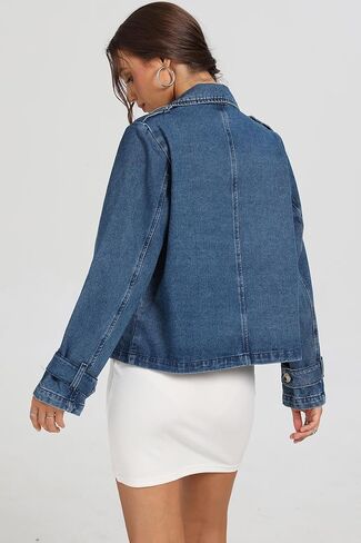 D-Sun Women Cropped Denim Jacket Short Jean Trench Coat V Neck Collared Long Sleeve Button Denim Trench Jacket with Pocket in Saudi Arabia