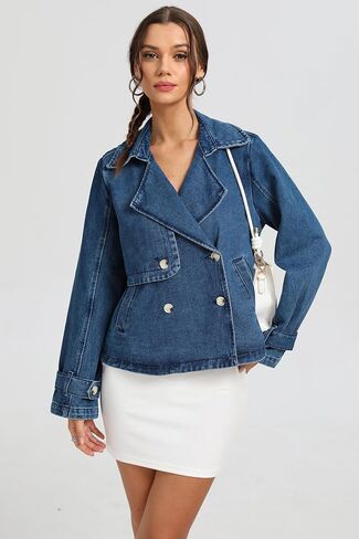 D-Sun Women Cropped Denim Jacket Short Jean Trench Coat V Neck Collared Long Sleeve Button Denim Trench Jacket with Pocket in Saudi Arabia