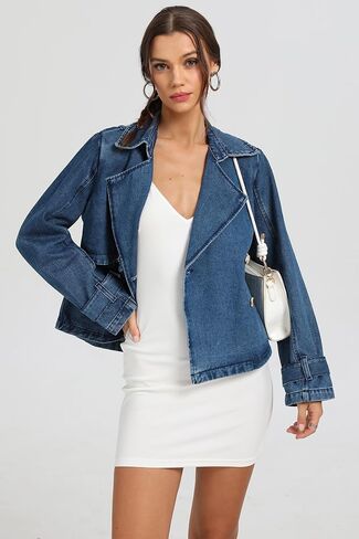 D-Sun Women Cropped Denim Jacket Short Jean Trench Coat V Neck Collared Long Sleeve Button Denim Trench Jacket with Pocket in Saudi Arabia