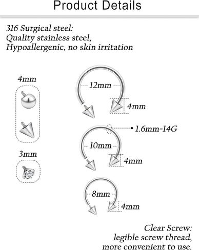 Cisyozi 16G Septum Rings Internally Threaded 316L Surgical Steel Septum Jewelry Lip Rings Hoop Labret Jewelry Snake Bite Piercing Jewelry Horseshoe Earrings Daith Piercing Jewelry for Women Men in Saudi Arabia