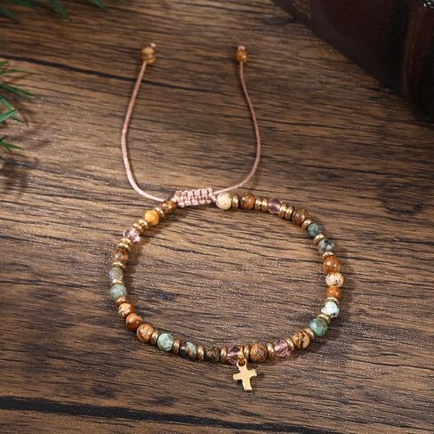 6 PCS Cross Bracelet,Christian Gifts for Women,Catholic Inspirational Gifts for Women,Drawstring Beaded Natural Stone Bracelets for Unisex Adult in Saudi Arabia
