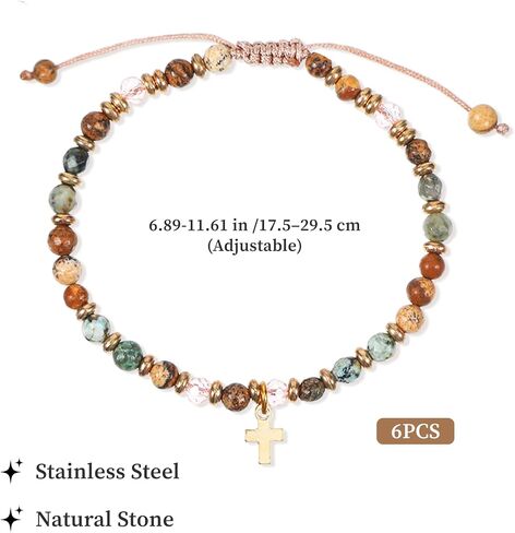 6 PCS Cross Bracelet,Christian Gifts for Women,Catholic Inspirational Gifts for Women,Drawstring Beaded Natural Stone Bracelets for Unisex Adult in Saudi Arabia