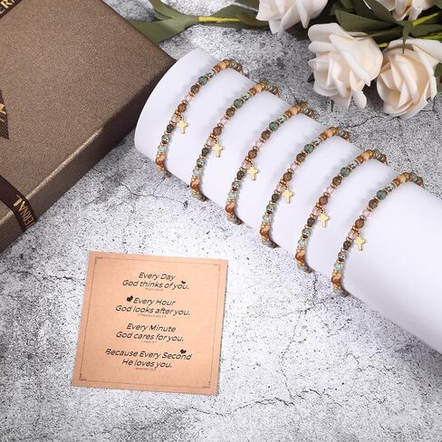 6 PCS Cross Bracelet,Christian Gifts for Women,Catholic Inspirational Gifts for Women,Drawstring Beaded Natural Stone Bracelets for Unisex Adult in Saudi Arabia