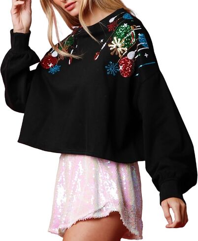 NUFIWI Christmas Cropped Sweatshirt for Women Colorful Funny Santa Long Sleeve Pullover Glitter Xmas Holiday Crop Top in Saudi Arabia