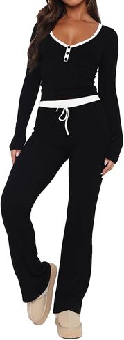 Dressmine Womens Fall Pjs Sets Cute Y2k Pajamas Y Neck Long Sleeve Sexy Workout Lounge Set with Button Down in Saudi Arabia