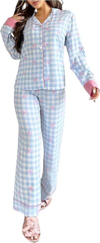 SHENHE Women's Bow Pajamas Gingham Button Down Long Sleeve Pjs Pants Coquette Loungewear in Saudi Arabia
