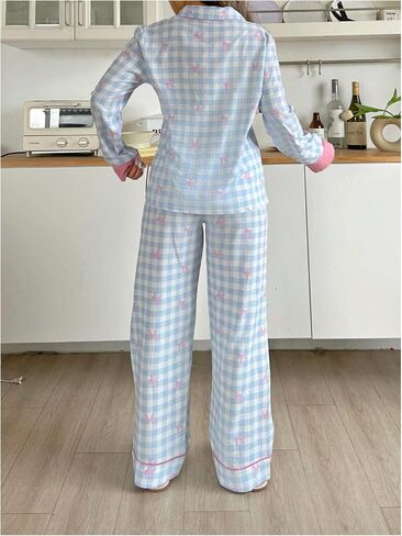 SHENHE Women's Bow Pajamas Gingham Button Down Long Sleeve Pjs Pants Coquette Loungewear in Saudi Arabia
