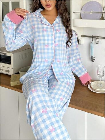 SHENHE Women's Bow Pajamas Gingham Button Down Long Sleeve Pjs Pants Coquette Loungewear in Saudi Arabia