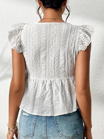 SweatyRocks Women's Stylish V Neck Eyelet Tops Ruffle Sleeve Peplum Tops for Women Dressy Shirts in Kuwait