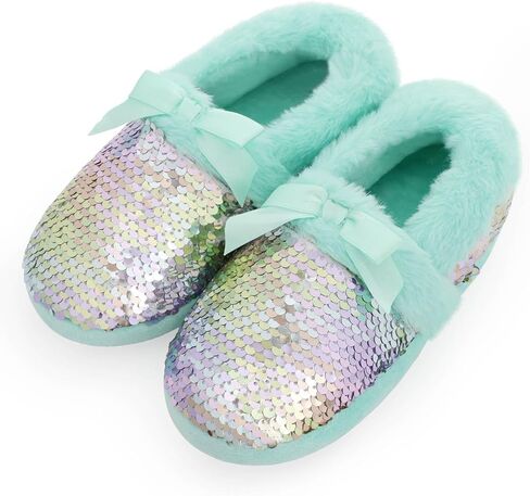 MEJORMEN Girls Fluffy Slippers Bowknot Sequin Faux Fur Cozy House Slipper for Toddler Kid Anti-Skid Memory Foam House Slipper in Kuwait