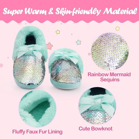 MEJORMEN Girls Fluffy Slippers Bowknot Sequin Faux Fur Cozy House Slipper for Toddler Kid Anti-Skid Memory Foam House Slipper in Kuwait