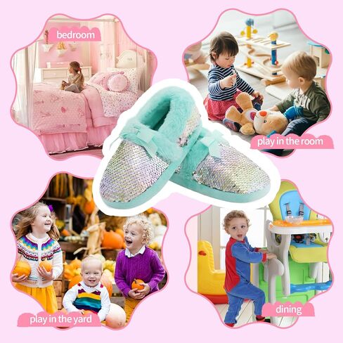 MEJORMEN Girls Fluffy Slippers Bowknot Sequin Faux Fur Cozy House Slipper for Toddler Kid Anti-Skid Memory Foam House Slipper in Kuwait