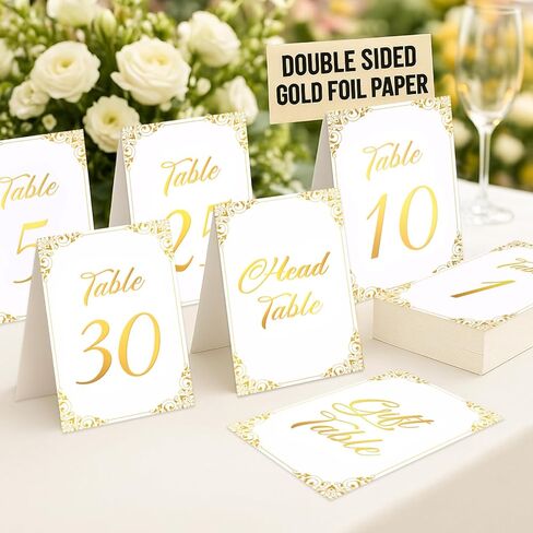 Gold Wedding Table Numbers 1-30 - Double Sided Gold Foil Table Number Cards 4x6 Inch with Head & Gift Table - Restaurant Table Numbers - Gold Table Numbers for Wedding Reception Table Signs in Kuwait