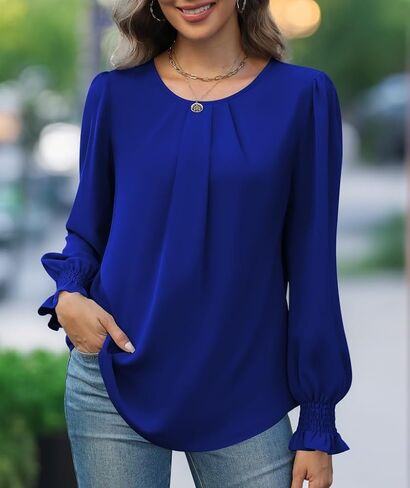 Long Sleeve Shirts Loose Fit Chiffon Tunics Womens Crew Neck Office Work Blouses Dressy Casual Smocked Tops in Saudi Arabia