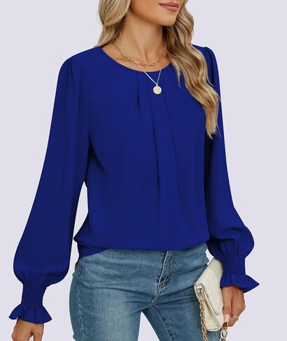Long Sleeve Shirts Loose Fit Chiffon Tunics Womens Crew Neck Office Work Blouses Dressy Casual Smocked Tops in Saudi Arabia