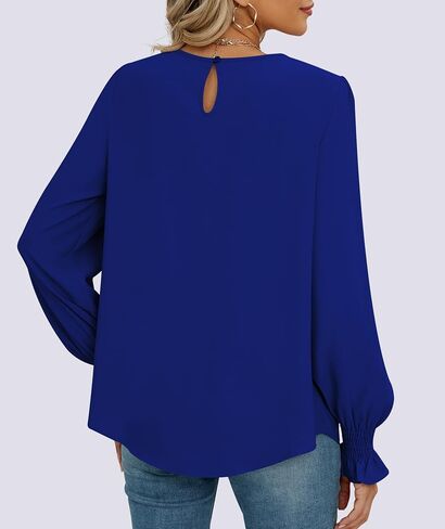 Long Sleeve Shirts Loose Fit Chiffon Tunics Womens Crew Neck Office Work Blouses Dressy Casual Smocked Tops in Saudi Arabia