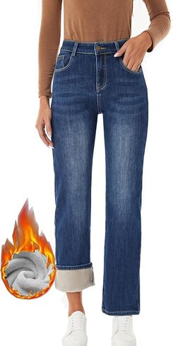 Women's Fleece Lined Jeans Winter Thermal Straight Wide Leg Flannel Sherpa Lined Warm Denim Jean in Saudi Arabia