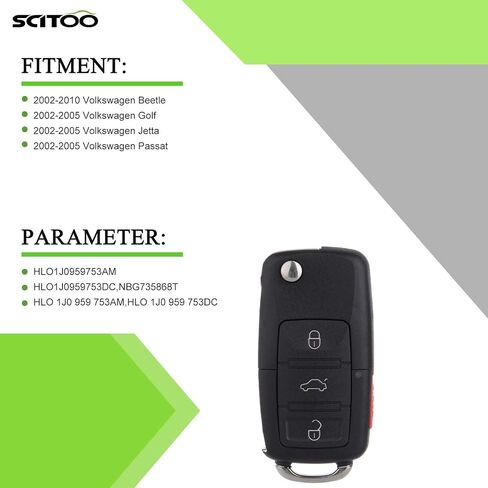 SCITOO Key Fob Keyless Entry 2005 for Volkswagen for Beetle 1.8L, 2005 for Volkswagen for Golf 1.8L, 2005 for Volkswagen for Jetta 1.8L HLO1J0959753AM HLO1J0959753DC (2 PCS) 4 buttons 315Mhz in Saudi Arabia